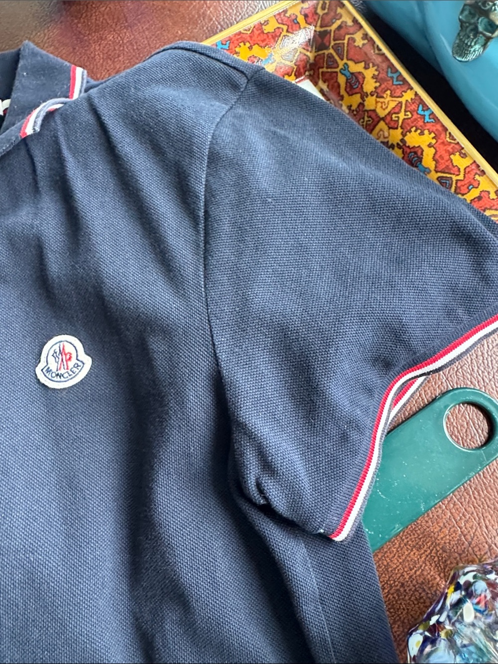 Moncler Navy Polo with Red and White Collar Trim
